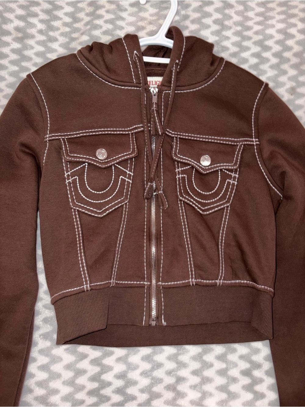 True Religion Brown Hooded Zip Sweater Vest with Contrast Stitching